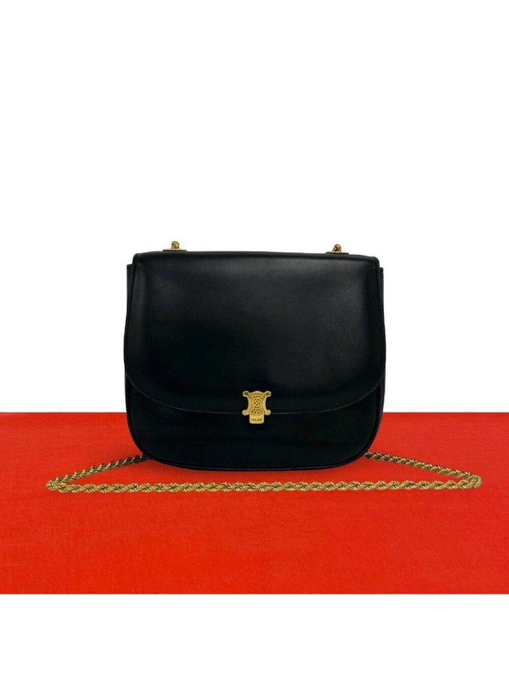 Celine Triomphe Logo Leather Chain Shoulder Bag Pochette Crossbody Black